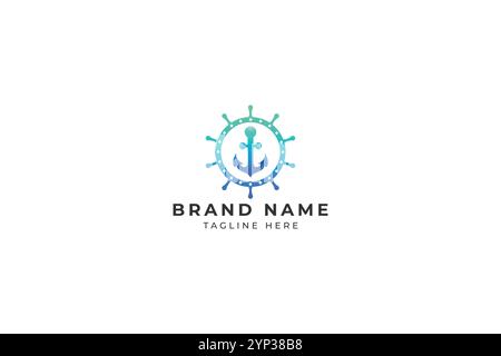 Conception de logo de navigation au volant d'ancre et de navire sur fond blanc, illustration vectorielle. Illustration de Vecteur