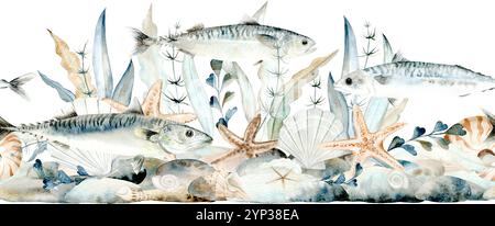 Bordure sans couture de coquillages, de cailloux et de motif aquarelle d'algues. Maquereau atlantique peint à la main et galets pour des motifs nautiques et balnéaires dans des couleurs pastel monochromes. Banque D'Images
