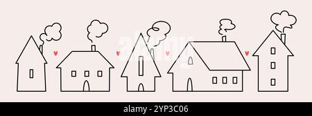 Un ensemble de maisons mignonnes et confortables dans un style scandinave minimaliste moderne linéaire. L'amour dans le symbole de la famille. Illustration de Vecteur