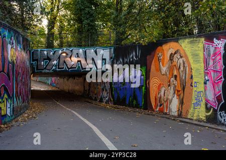 Graffiti coloré sur les murs le long du chemin sous le passage souterrain de l'Avenue dans le parc commun à Southampton, Hampshire, Angleterre, Royaume-Uni Banque D'Images