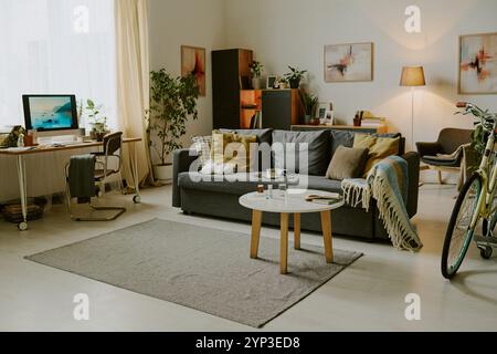Salon moderne avec canapé gris confortable, plantes en pot et éclairage chaleureux créant une atmosphère accueillante Banque D'Images