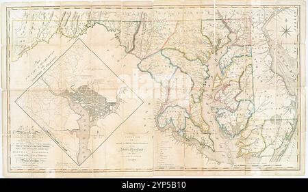 Carte de l'état du Maryland : établie à partir d'un relevé réel de toutes les principales eaux, voies publiques et divisions des comtés qui s'y trouvent : décrivant la situation des villes, villes, villages, lieux de culte et autres bâtiments publics, fours, forges, moulins et autres lieux remarquables, et du territoire fédéral : comme aussi un croquis de l'état du Delaware montrant la connexion probable des baies de Chesapeake et du Delaware 1795-06-06 par Griffith, Dennis Banque D'Images