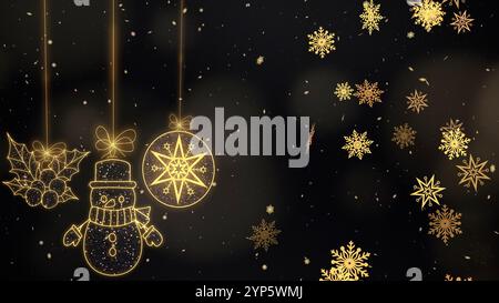 Décoration de Noël sur fond doré avec de la neige et des flocons. Bonhomme de neige, élément boule de Noël et pendaison de gui Banque D'Images