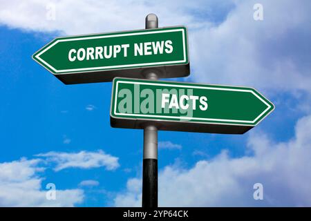 Deux panneaux de direction, l'un pointant vers la gauche (Corrupt News) et l'autre pointant vers la droite (faits). Banque D'Images