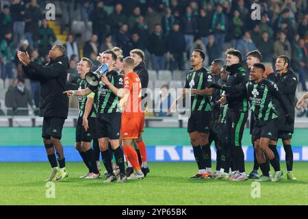 Bruges, Belgique. 28 novembre 2024. Les joueurs du cercle célèbrent après avoir remporté un match de football entre le cercle belge Brugge KSV et le Scottish Heart of Midlothian FC, jeudi 28 novembre 2024 à Bruges, au quatrième jour de la phase de Ligue de l'UEFA Conference League. BELGA PHOTO KURT DESPLENTER crédit : Belga News Agency/Alamy Live News Banque D'Images