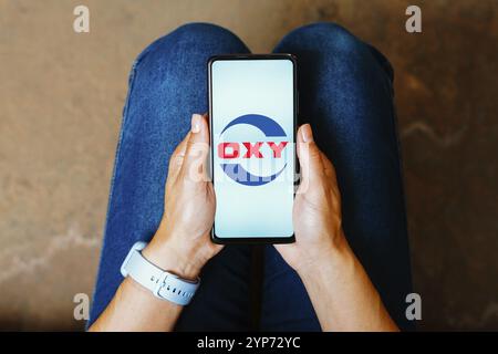 Dans cette illustration photo, le logo Occidental Petroleum (oxy) est affiché sur l'écran d'un smartphone Banque D'Images