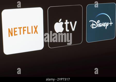 Dans cette illustration photo, le logo Netflix, Apple TV et Disney plus est affiché sur un écran de télévision Banque D'Images