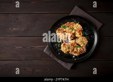 Steak, chou-fleur, avec fromage, épices, fait maison, sur une table en bois, fond sombre, gros plan, vue de dessus, mise au point sélective, personne Banque D'Images