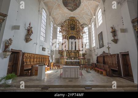 Maître-autel baroque de l'église paroissiale de Jean-Baptiste, construite en 1475 comme église gothique, baroqueisée de 1732 à 1755, Hiltpoltstein, Middl Banque D'Images