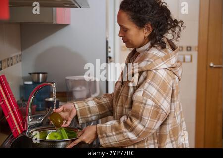 Une femme dans une veste à carreaux confortable lave des fruits frais dans la cuisine. L'eau coule sur des pommes vertes et un kiwi, symbolisant la propreté et la guérison Banque D'Images