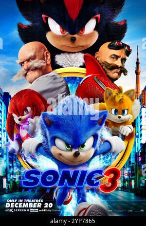 Sonic the Hedgehog 3 (2024) réalisé par Jeff Fowler et mettant en vedette Ben Schwartz, Colleen O'Shaughnessey et Idris Elba. Sonic, Knuckles et Tails se réunissent contre un nouvel adversaire puissant, Shadow, un mystérieux méchant aux pouvoirs différents de tout ce qu'ils ont connu auparavant. Affiche US Advance ***USAGE ÉDITORIAL SEULEMENT***. Crédit : BFA / Paramount Pictures Banque D'Images