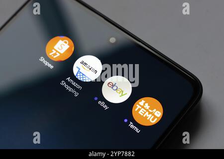 Dans cette illustration photo, le logo de l'application Shopee, Amazon Shopping, Ebay et Temu est affiché sur l'écran d'un smartphone Banque D'Images