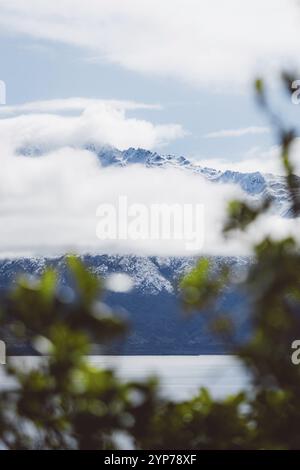 Sommets enneigés entourés de nuages derrière des plantes au-dessus d'un lac calme, Wanaka, Nouvelle-Zélande, Océanie Banque D'Images