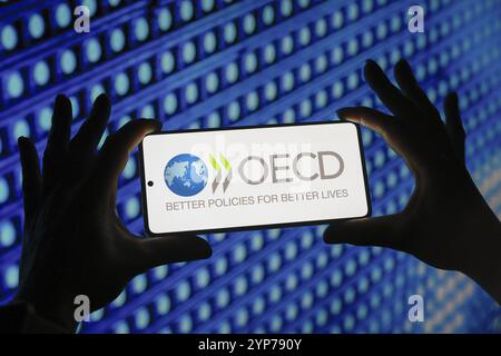 Dans cette illustration photo, le logo de l'Organisation de coopération et de développement économiques (OCDE) est affiché sur l'écran d'un smartphone Banque D'Images
