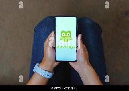 Dans cette illustration photo, le logo Duolingo vu affiché sur un smartphone Banque D'Images
