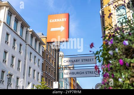 Londres, Royaume-Uni- 19 septembre 2024 : emblématique Carnaby Street Signpost dans le quartier à la mode de Londres - destination de voyage urbain. Banque D'Images