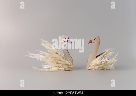 artisanat de la nature d'automne pour enfant, oiseau fait de feuilles sèches et tube de rouleau de papier toilette vide, activité pour les enfants, couple de cygnes Banque D'Images