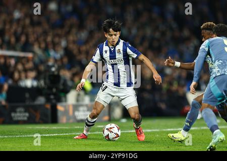 Saint-Sébastien, Espagne. 28 novembre 2024. Takefusa Kubo (Sociedad) Football/Football : phase de Ligue 'UEFA Europa League' match jour 5 entre Real Sociedad 2-0 AFC Ajax au Reale Arena de San Sebastian, Espagne . Crédit : Mutsu Kawamori/AFLO/Alamy Live News Banque D'Images