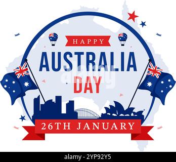Joyeuse illustration vectorielle célébrant le 26 janvier, avec une carte et un drapeau australien agitant en arrière-plan pour une fête nationale Illustration de Vecteur