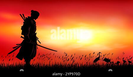 Un homme se tient debout avec une épée dans les mains sur fond de coucher de soleil. Les samouraïs effectuent des exercices avec une épée. Coucher de soleil rouge. Illustration de Vecteur