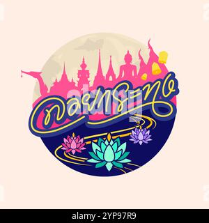 loy krathong thai lettrage logotype design emblème forme ronde décorée avec une bougie de fleur de lotus et architecture de repère pleine lune plate illus Illustration de Vecteur