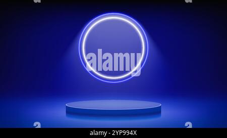 Scène bleue futuriste, podium. Chambre bleue avec piédestal de podium rond éclairé par néon blanc bleu circulaire, halo LED. Arrière-plan pour l'affichage Illustration de Vecteur