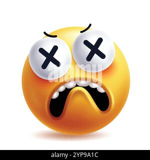 Personnage émoji clipart mort. 3d emoji stress, fatigué, frustration, tristesse, désespoir, déçu, chagrin et misère expressions faciales icône jaune Illustration de Vecteur