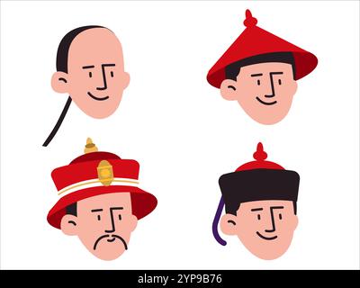 Chine culture tête personnage coiffure coiffure orientale chinoise tradition ethnique chapeaux casquettes expression faciale visage souriant émotion traditionnelle Illustration de Vecteur