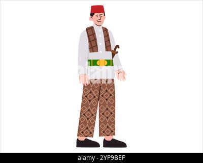 Betawi vêtements traditionnels Tikim chemise Pangsi pantalon Silat costume robe Jakarta culture ethnique Indonésie tradition vêtements Pitung héros golok arme Illustration de Vecteur