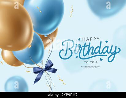 Joyeux anniversaire carte de voeux clipart. Voeux d'anniversaire et texte de voeux avec des ballons flottant sur fond bleu. Illustration vectorielle garçon Illustration de Vecteur