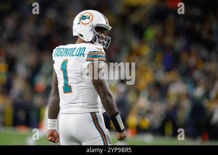 Green Bay, Wisconsin, États-Unis. 28 novembre 2024. Tua Tagovailoa, quarterback des Miami Dolphins (1), lors du match de football NFL entre les Miami Dolphins et les Green Bay Packers au lambeau Field à Green Bay, Wisconsin. Darren Lee/CSM/Alamy Live News Banque D'Images