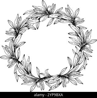Branche d'olivier, aucun fruit avec des feuilles couronne noir et blanc dessiné à la main illustration vectorielle. Romarin sans fruits, cadre de cercle de feuille de laurier pour la carte Illustration de Vecteur