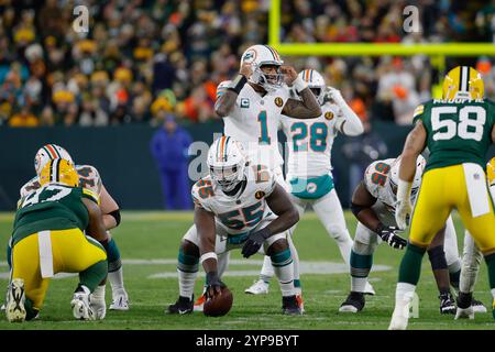 Green Bay, Wisconsin, États-Unis. 28 novembre 2024. Tua Tagovailoa, quarterback des Miami Dolphins (1), lors du match de football NFL entre les Miami Dolphins et les Green Bay Packers au lambeau Field à Green Bay, Wisconsin. Darren Lee/CSM/Alamy Live News Banque D'Images