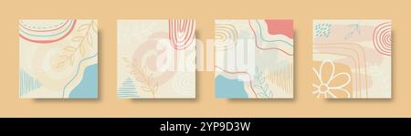 Arrière-plans abstraits pour les publications sur les médias sociaux. Gabarit carré avec éléments botaniques. Jeu de bannières de printemps doux, graphiques vectoriels Illustration de Vecteur
