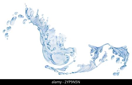 Écoulement d'eau, éclaboussures bulles vagues avec des gouttes, glaçons dessinés à la main à l'aquarelle. Mouvement de versement de liquide bleu, écoulement clair ondulations de pulvérisation humide Banque D'Images