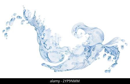 Écoulement d'eau, éclaboussures bulles vagues avec des gouttes, glaçons dessinés à la main à l'aquarelle. Mouvement de versement de liquide bleu, écoulement clair ondulations de pulvérisation humide Banque D'Images