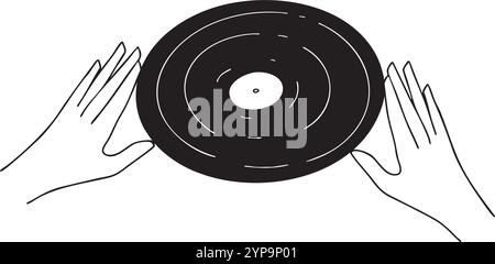 Dessin au trait vectoriel minimaliste montrant des mains tenant doucement un disque vinyle. Illustration de Vecteur