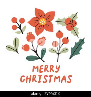 Carte simple joyeux Noël sur fond blanc avec texte écrit à la main. Design plat de Noël pour affiche, carte, autocollant. Illustration de Vecteur