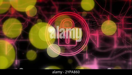 Image du cadenas, des traînées de lumière et du traitement des données sur fond noir Banque D'Images