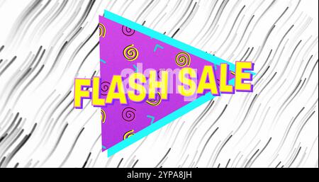 Image d'un texte de vente flash sur un triangle violet sur des lignes ondulées noires sur blanc Banque D'Images