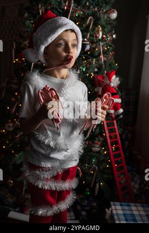 Enfant dans le chapeau de Père Noël tenant des cannes de bonbons près d'un arbre de Noël décoré Banque D'Images