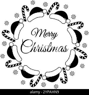 Canne à sucre rayée, flocons de neige, bordure en cercle de chapeaux de père Noël et lettrage à la main joyeux Noël. Illustration vectorielle isolée carte de voeux ou d'invitation, affichage thématique, dépliant, étiquette ou promo web Illustration de Vecteur