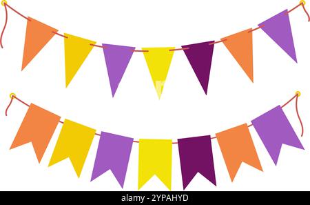 Guirlande festive Pennant sur corde dans les couleurs tendance d'Halloween orange, jaune et violet. Définir 2 éléments. Cartes d'illustration vectorielle isolées, affiche, bannière, bordure ou promo web, invitations, étiquette, prix Illustration de Vecteur
