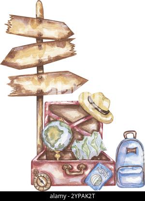 Illustration de valises vintage dessinées à l'aquarelle, clipart de bagages de voyage Banque D'Images