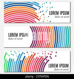 Ensemble de bannières d'en-tête abstraites colorées avec des lignes courbes et des pièces volantes. Arrière-plans vectoriels pour la conception Web. Illustration de Vecteur