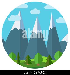 Paysage de montagne de dessin animé vectoriel en cercle. Paysage naturel dans le style plat avec ciel bleu, nuages, arbres, collines et montagnes avec de la neige sur le pe Illustration de Vecteur