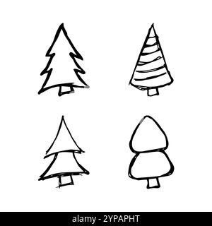 Arbres de Noël dessinés à la main. Ensemble de quatre illustrations croisées monochromes de FIRS. Éléments de gribouillage pour les vacances d'hiver. Illustration vectorielle Illustration de Vecteur