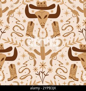 Motif sans couture de cow-boy de bohème occidental en marron et tan sur fond beige clair avec tête de vache, botte de cow-boy, chapeau, fer à cheval, serpent et pistolet. Pour wa Illustration de Vecteur