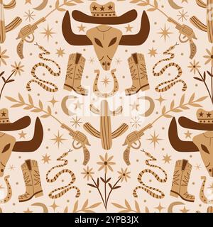 Western boho cowboy seamless pattern in brown and tan on light beige background featuring cow head, cowboy boot, hat, horseshoe, snake and gun. Illustration de Vecteur