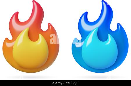 Icônes 3D de flamme rouge et bleue. Gaz combustible et feu brûlant emoji. Eléments vectoriels tridimensionnels isolés sur fond blanc. Illustration de Vecteur